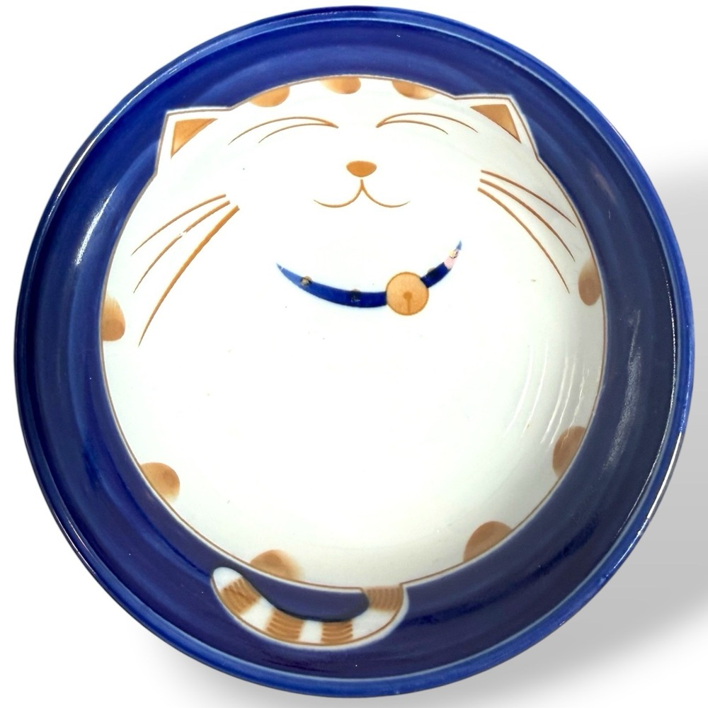 Maneki Neko Smiling Happy Lucky Cat Porcelain Noodle  Rice Bowl Blue, Japan